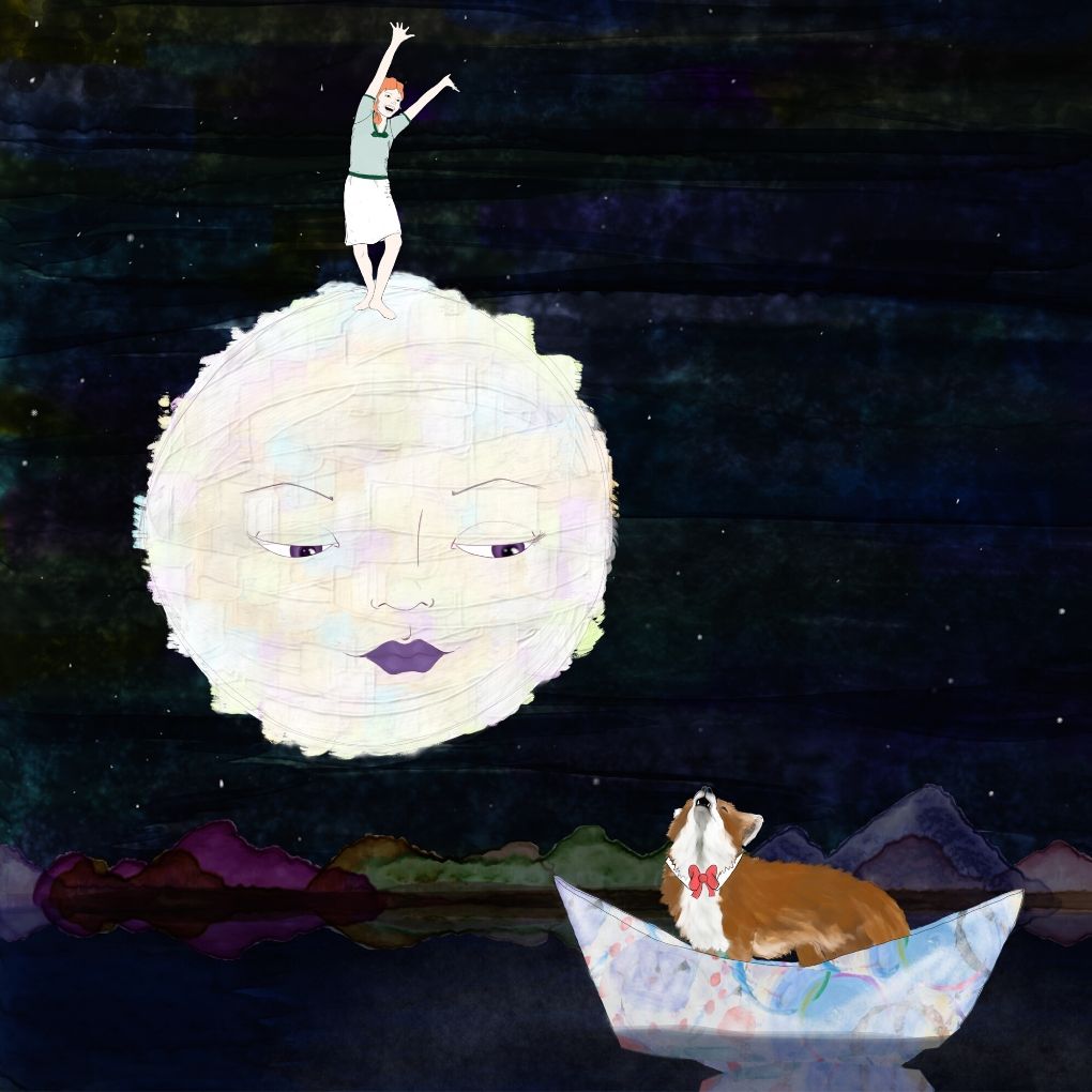 illustration of a girl on a moon and a fox in a boat