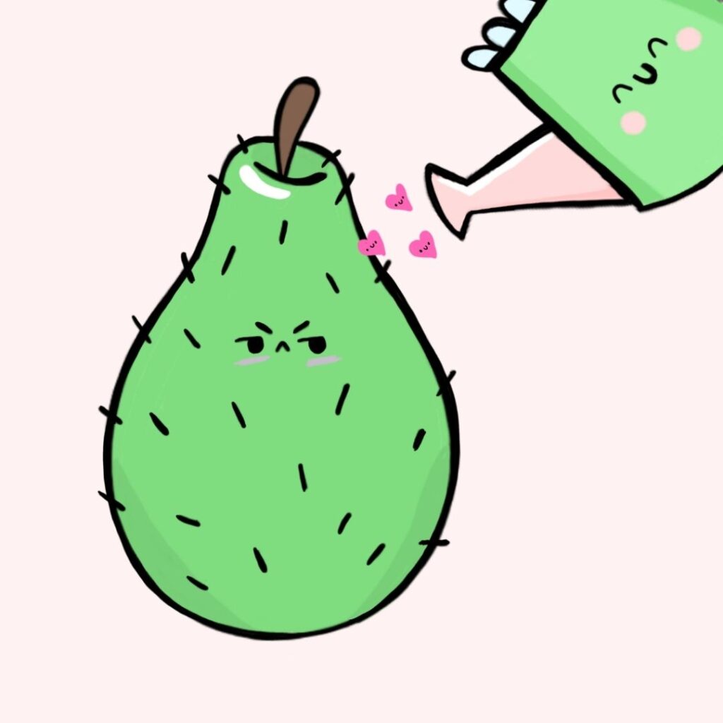 illustration of a pear with cactus spines being watered with hearts
