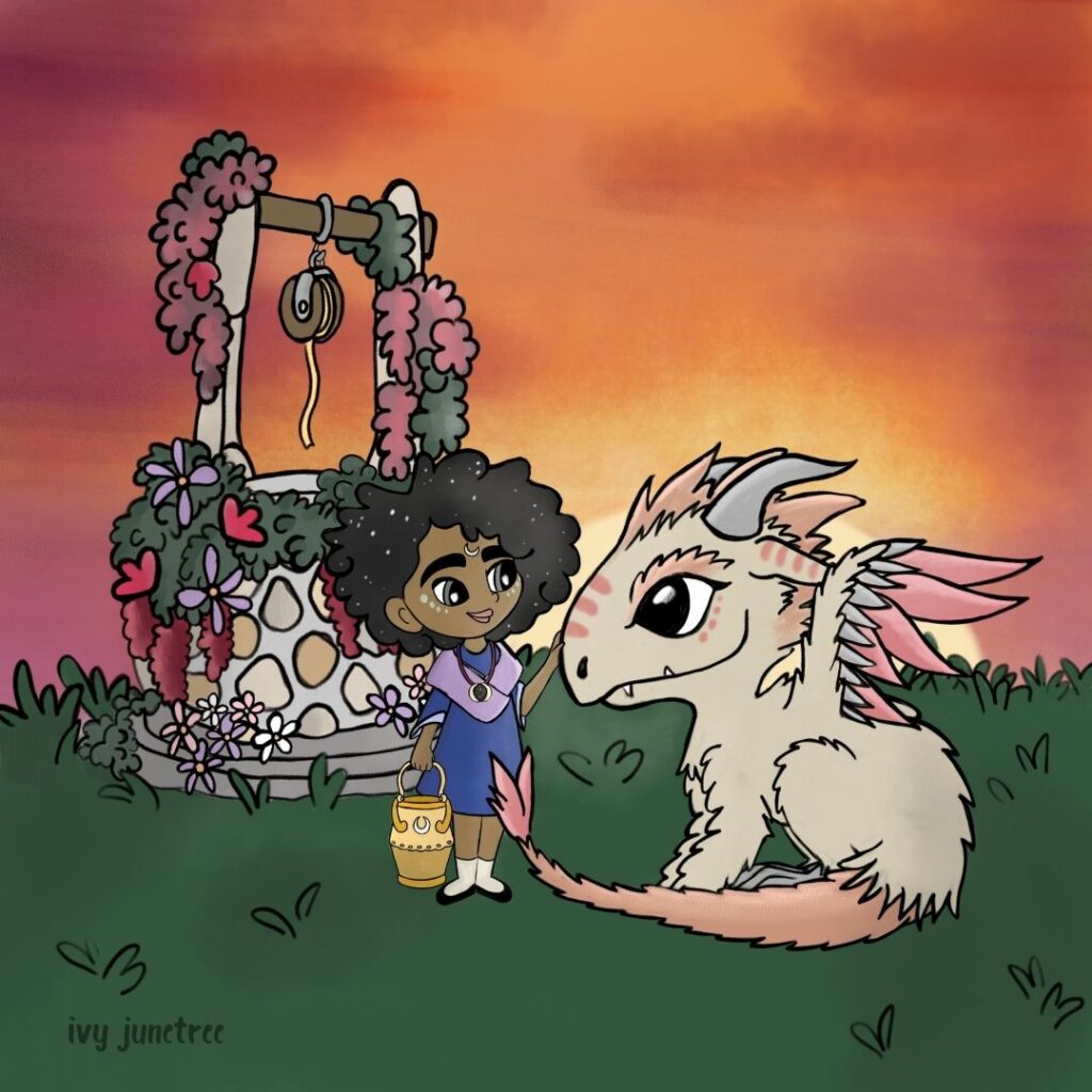 illustration of a girl and dragon in front of a wishing well