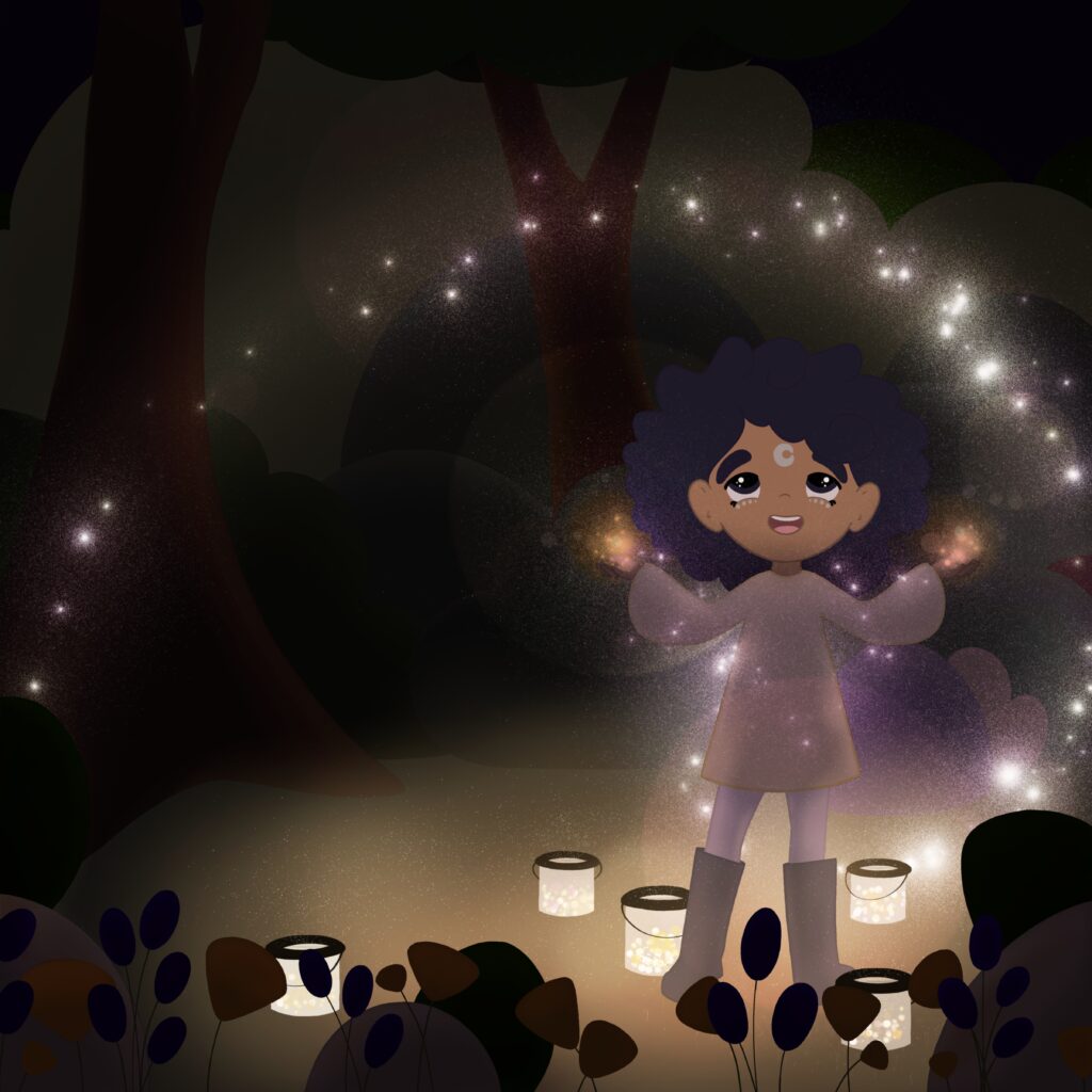 illustration of a girl surrounded by glitter and stars