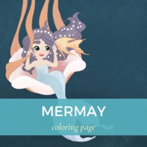 illustration of a mermaid and a fish with the words MerMay coloring page